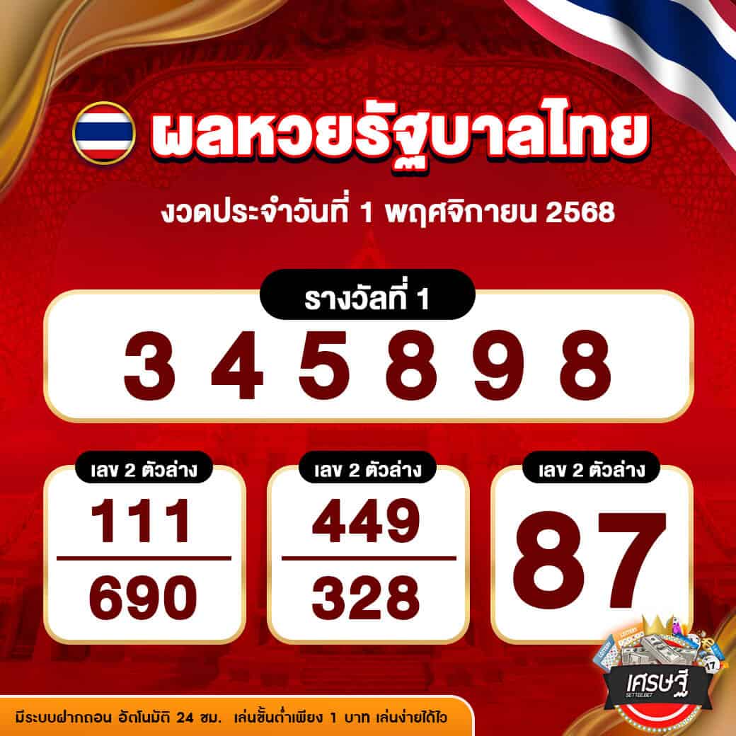ผลหวยรัฐบาลไทย งวดวันที่ 1 พฤศจิกายน 2568