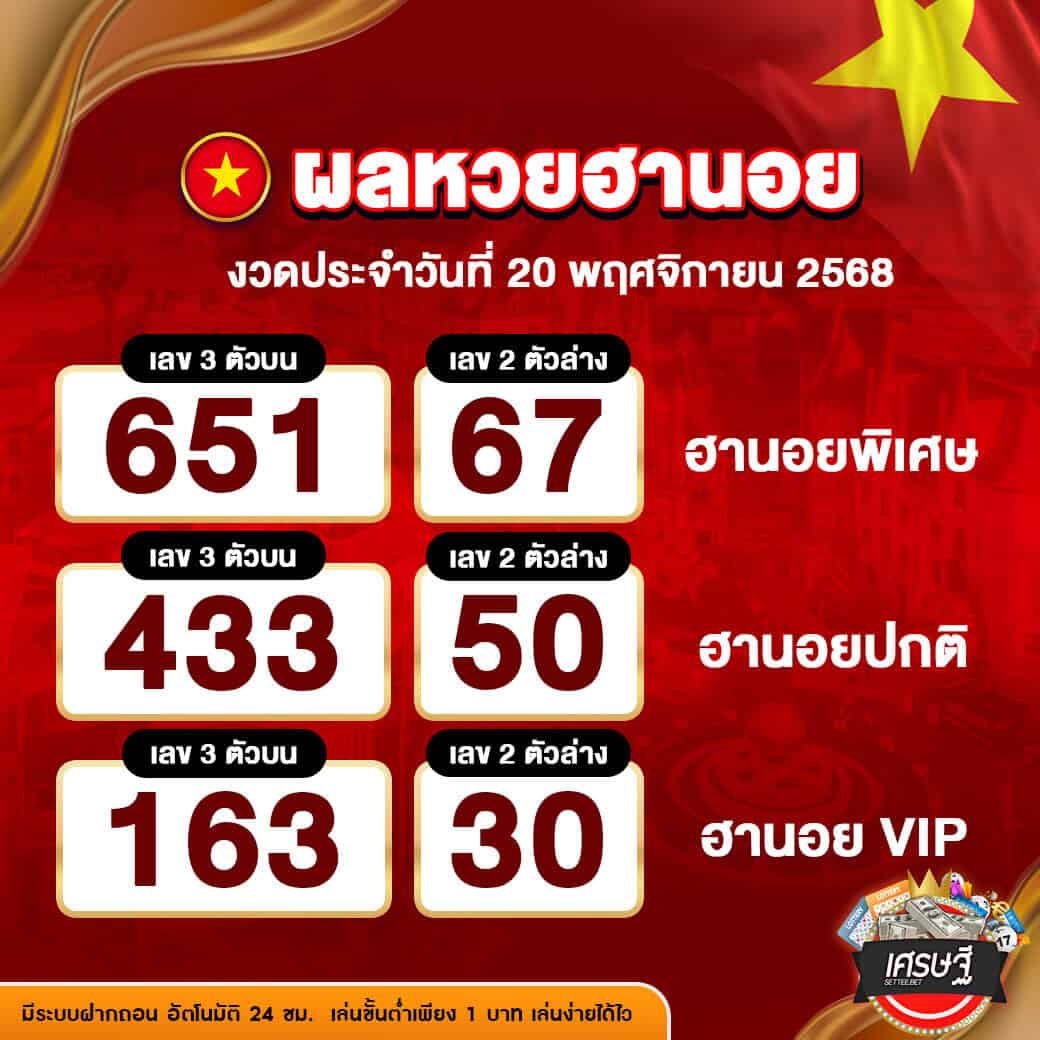ผลหวยฮานอย งวดวันที่ 20 พฤศจิกายน 2568