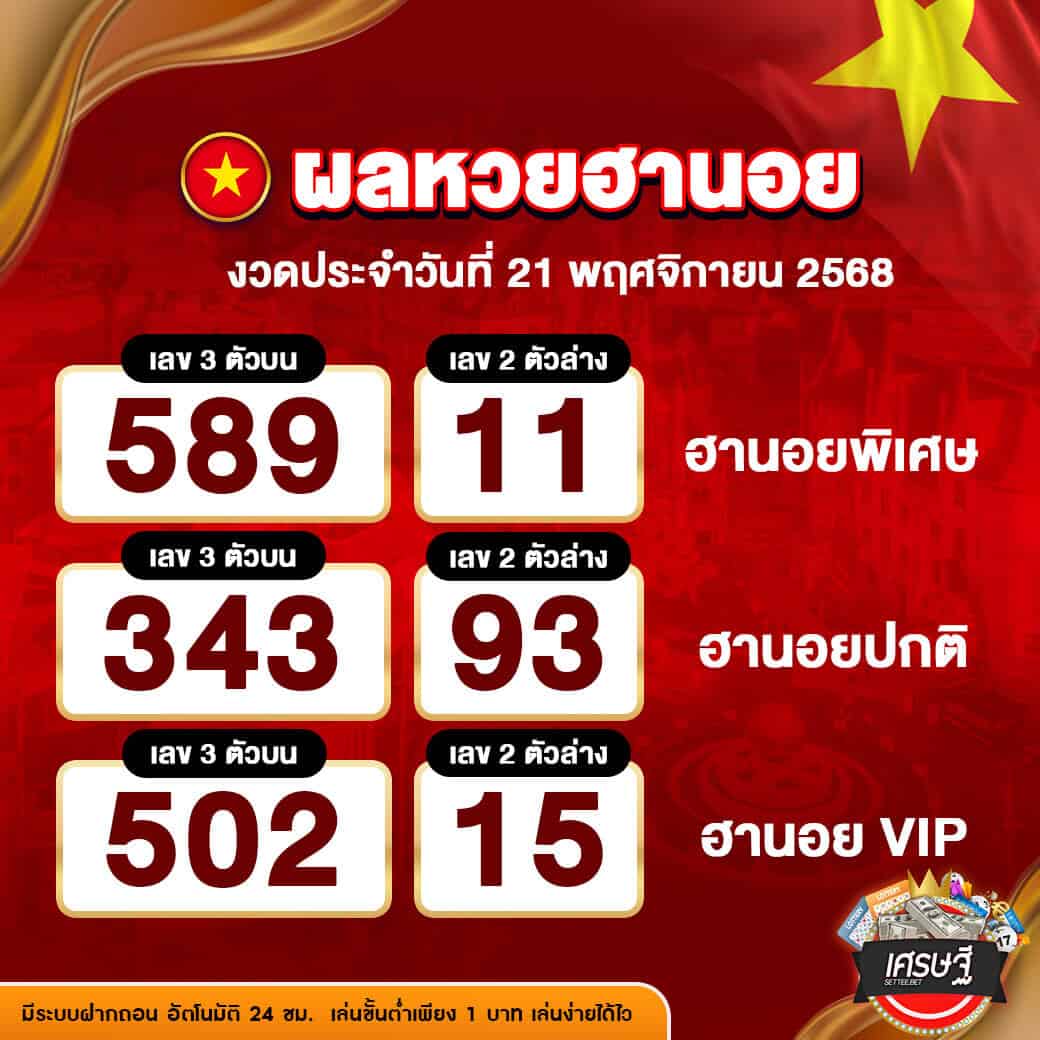 ผลหวยฮานอย งวดวันที่ 21 พฤศจิกายน 2568