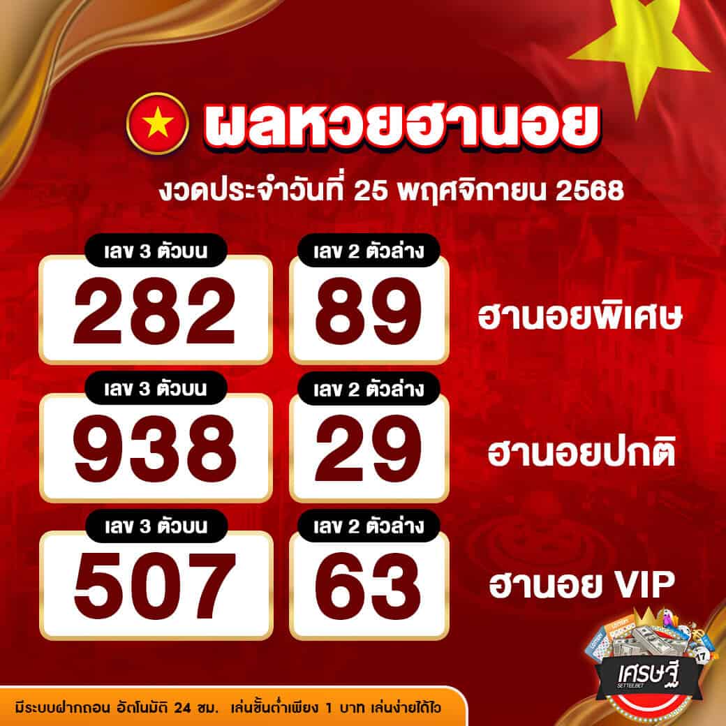 ผลหวยฮานอย งวดวันที่ 25 พฤศจิกายน 2568
