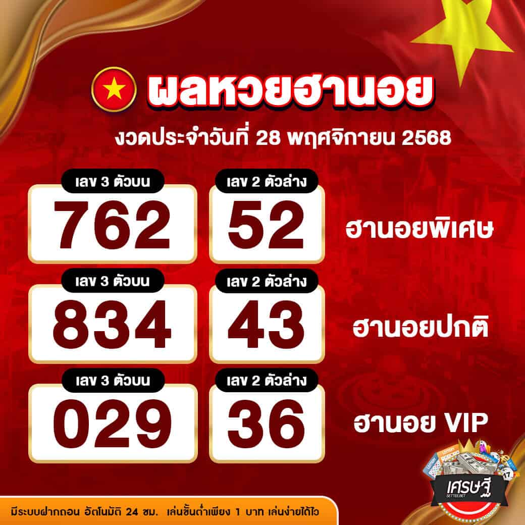 ผลหวยฮานอย งวดวันที่ 28 พฤศจิกายน 2568