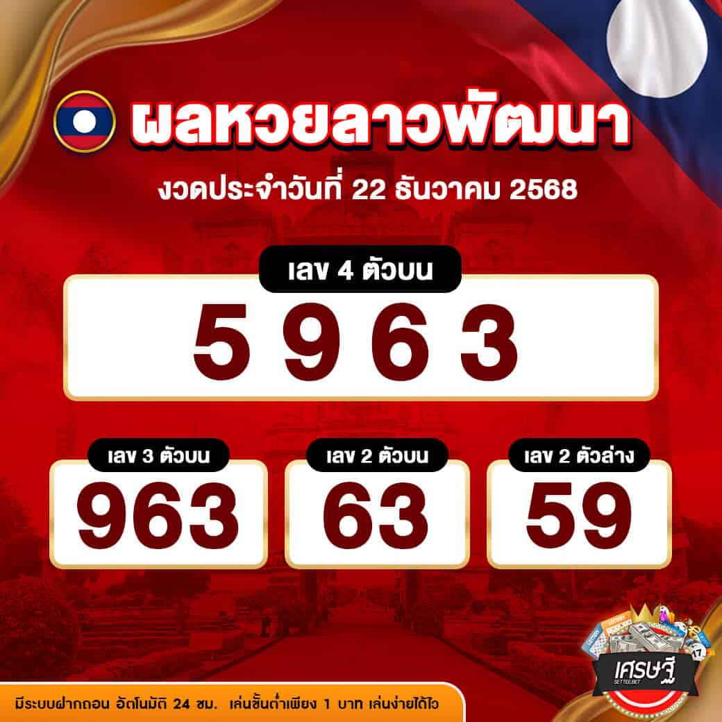 ผลหวยลาวพัฒนา งวดวันที่ 22 ธันวาคม 2568
