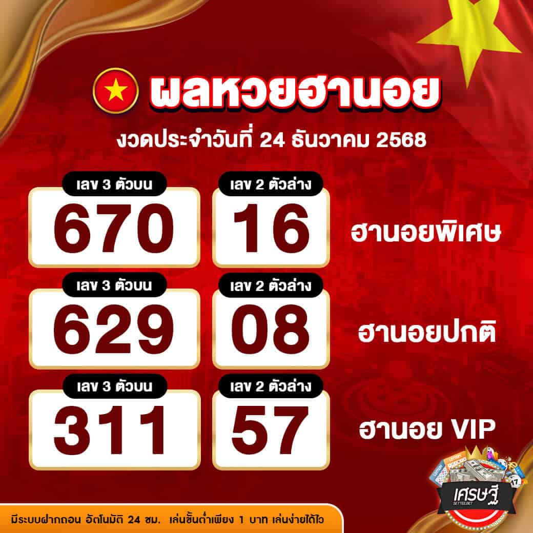 ผลหวยฮานอย งวดวันที่ 24 ธันวาคม 2568
